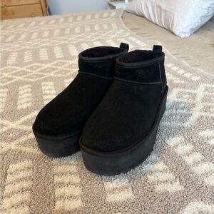 UGG Black Platform Slip-Ons with Plush Upper